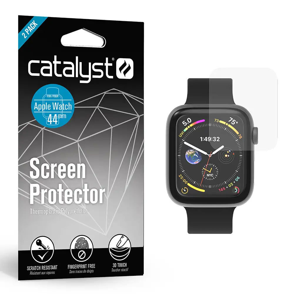 The image displays Catalyst Case US 44mm Screen Protector (2 Pack) for Apple Watch Series 6/5/4/SE (Gen 2/1), highlighting scratch resistance, fingerprint-free use, and 3D touch. Beside the box is an Apple Watch with a black band and protector partly applied.