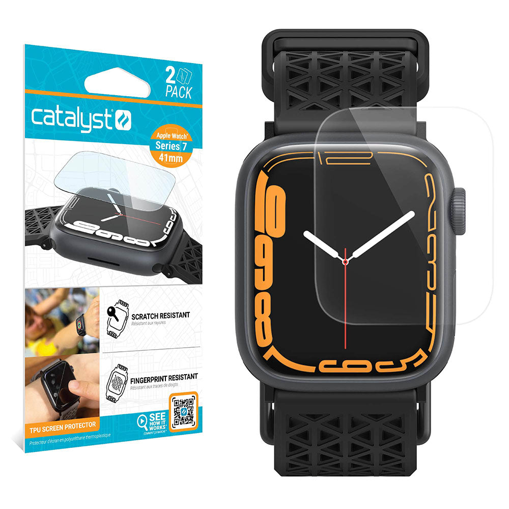 The image shows Catalyst Case US 41mm Screen Protector (2 pack, Clear) for Apple Watch Series 9/8/7. The packaging highlights features, while a black Apple Watch displays an orange digital face with a clear protector partially applied.