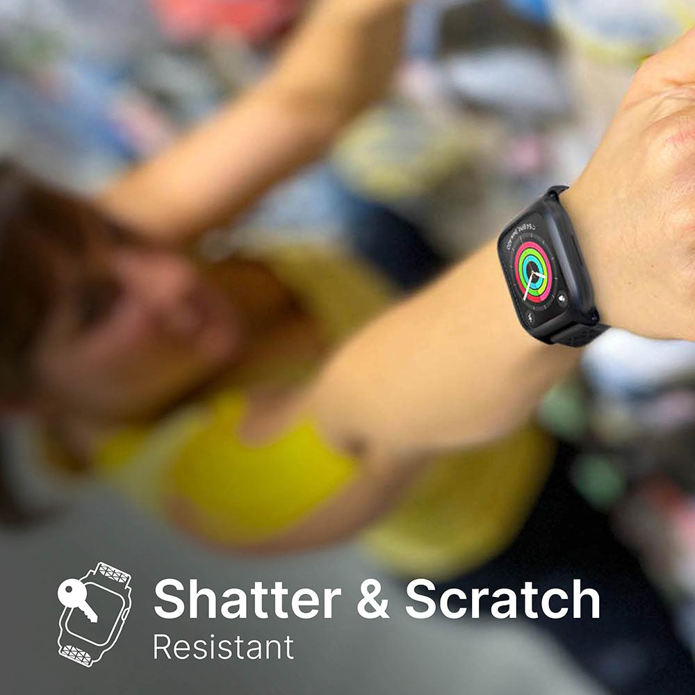 A woman in a yellow top stretches her arms forward, wearing a Catalyst Case US 41mm Screen Protector for Apple Watch Series 9/8/7. The watch is clear and sharp with “Shatter & Scratch Resistant” text and an illustrated watch icon. Two-pack included.