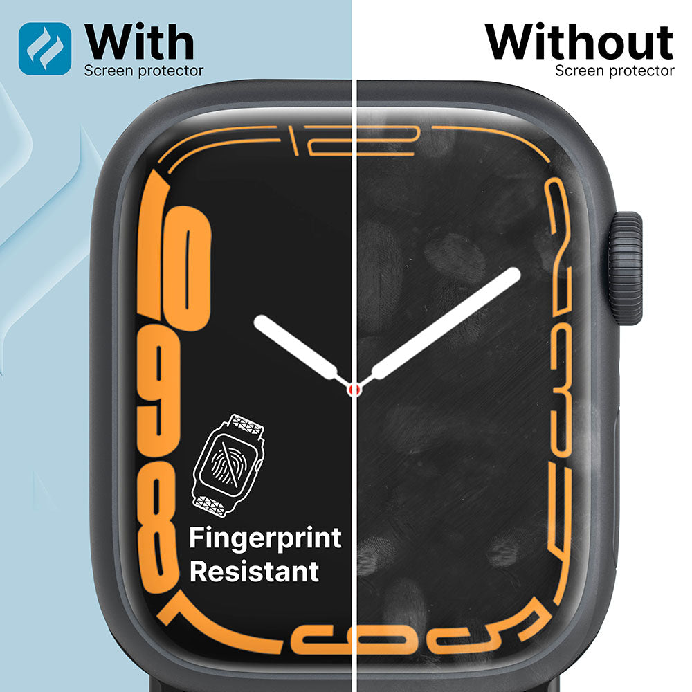 A 45mm Apple Watch with the Catalyst Case US Screen Protector (2 pack) on the left shows a clean, fingerprint-resistant display, while the right side without the protector is smudged with fingerprints.