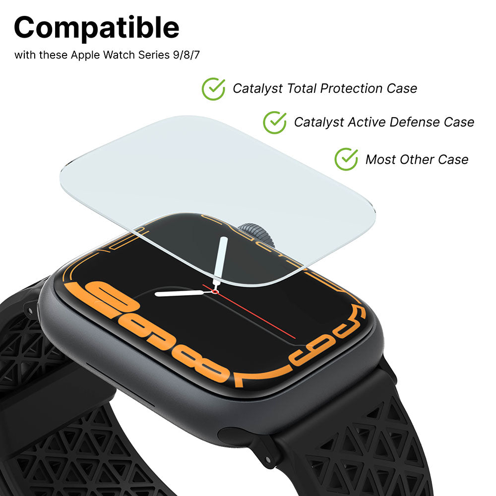 The Catalyst Case US 41mm Screen Protector (2 pack) for Apple Watch Series 9/8/7 is shown above a black watch with patterned band. Checkmarks highlight compatibility with Catalyst Total Protection, Active Defense, and most other cases.