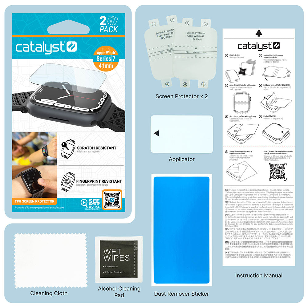 The image shows Catalyst Case US’s 41mm Screen Protector (2 pack) for Apple Watch Series 9/8/7 with retail packaging, two clear protectors, applicator card, dust remover sticker, cleaning cloth, alcohol wipes, and an instruction manual.