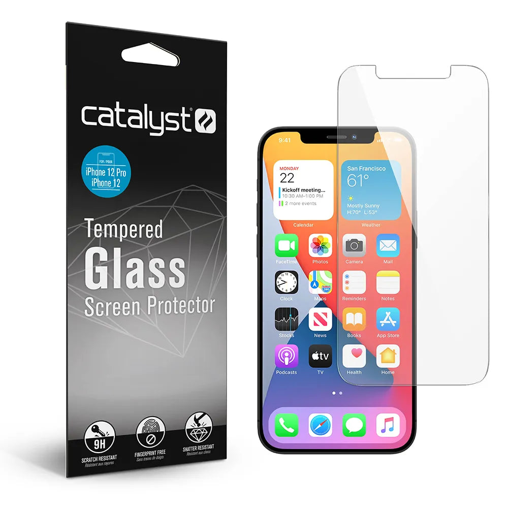A Catalyst Case US iPhone 12 Pro/12 - Tempered Glass Screen Protector is shown beside its black packaging with white text and diamond graphics, emphasizing scratch, fingerprint, and shatter resistance features. An iPhone 12 Pro displays colorful app icons.