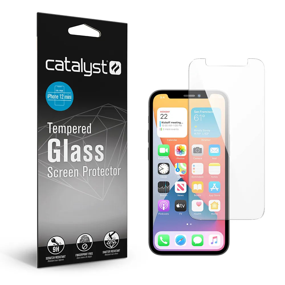 A Catalyst Case US iPhone 12 mini - Tempered Glass Screen Protector (Clear) is shown in its black and white branded box beside an iPhone 12 mini with its home screen displayed, while the clear glass protector hovers in front.