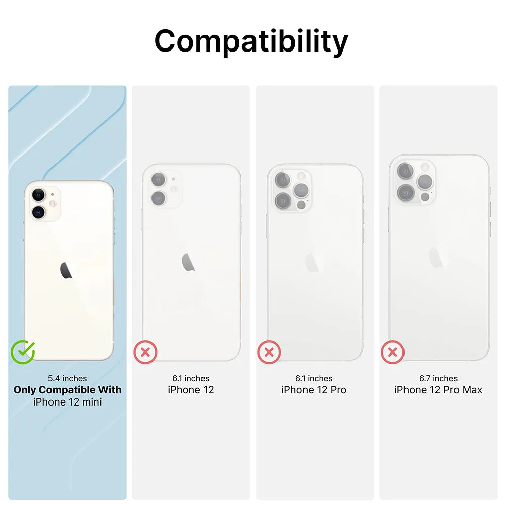 Image displays the iPhone 12 mini (5.4") highlighted with a green checkmark under "Compatibility," showing it’s the only model compatible with the Catalyst Case US iPhone 12 mini - Tempered Glass Screen Protector; other iPhone 12 models are marked incompatible.
