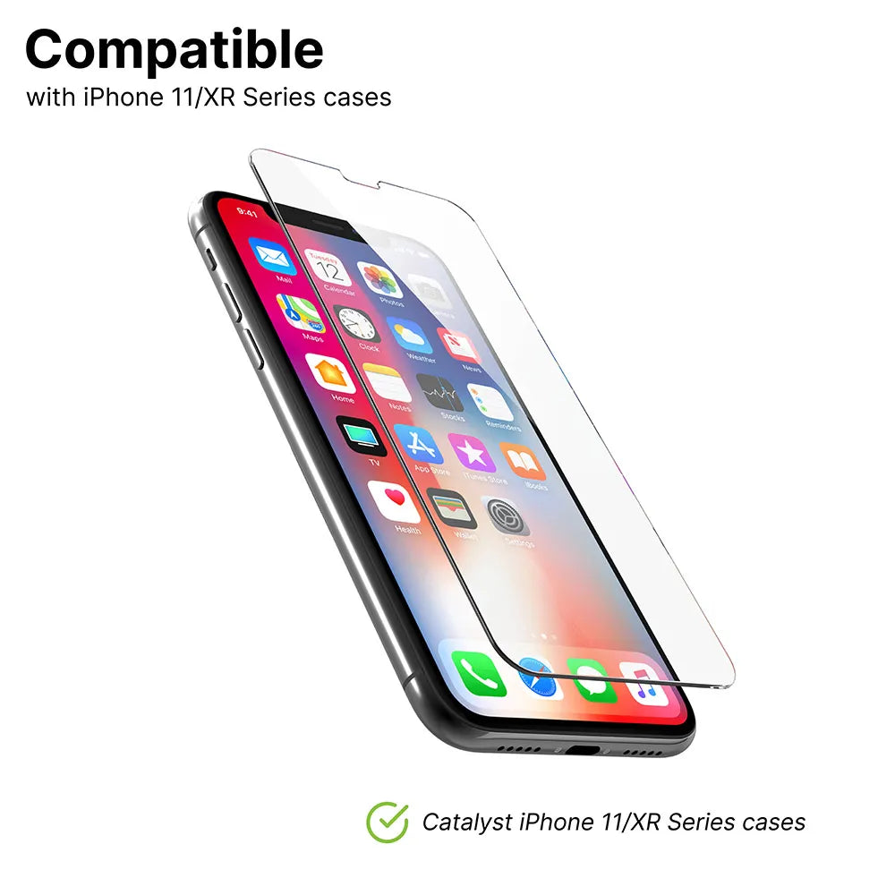 The Catalyst Case US iPhone 11/XR - Tempered Glass Screen Protector is shown above an iPhone with vibrant app icons. Text states it’s "Compatible with iPhone 11/XR Series cases," and a green checkmark confirms Catalyst case compatibility.
