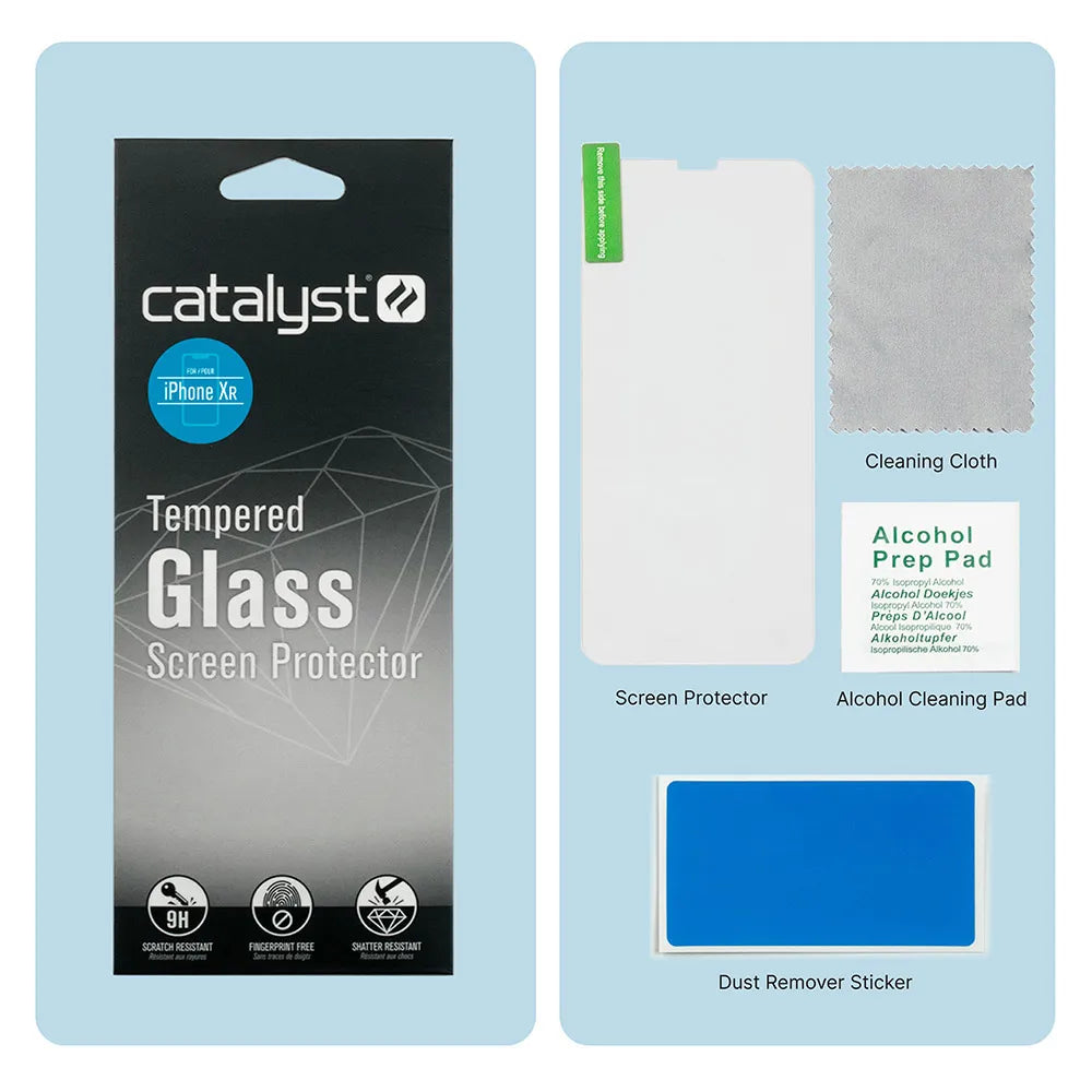 The image shows Catalyst Case US iPhone 11/XR Tempered Glass Screen Protector packaging on the left, with the protector, cleaning cloth, alcohol prep pad, and blue dust remover sticker displayed neatly on the right.