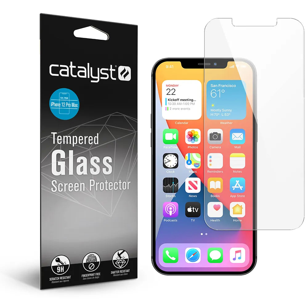 A Catalyst Case US iPhone 12 Pro Max Tempered Glass Screen Protector is shown beside a clear screen and an iPhone with colorful app icons. Packaging highlights scratch resistance, shatter resistance, and easy installation.