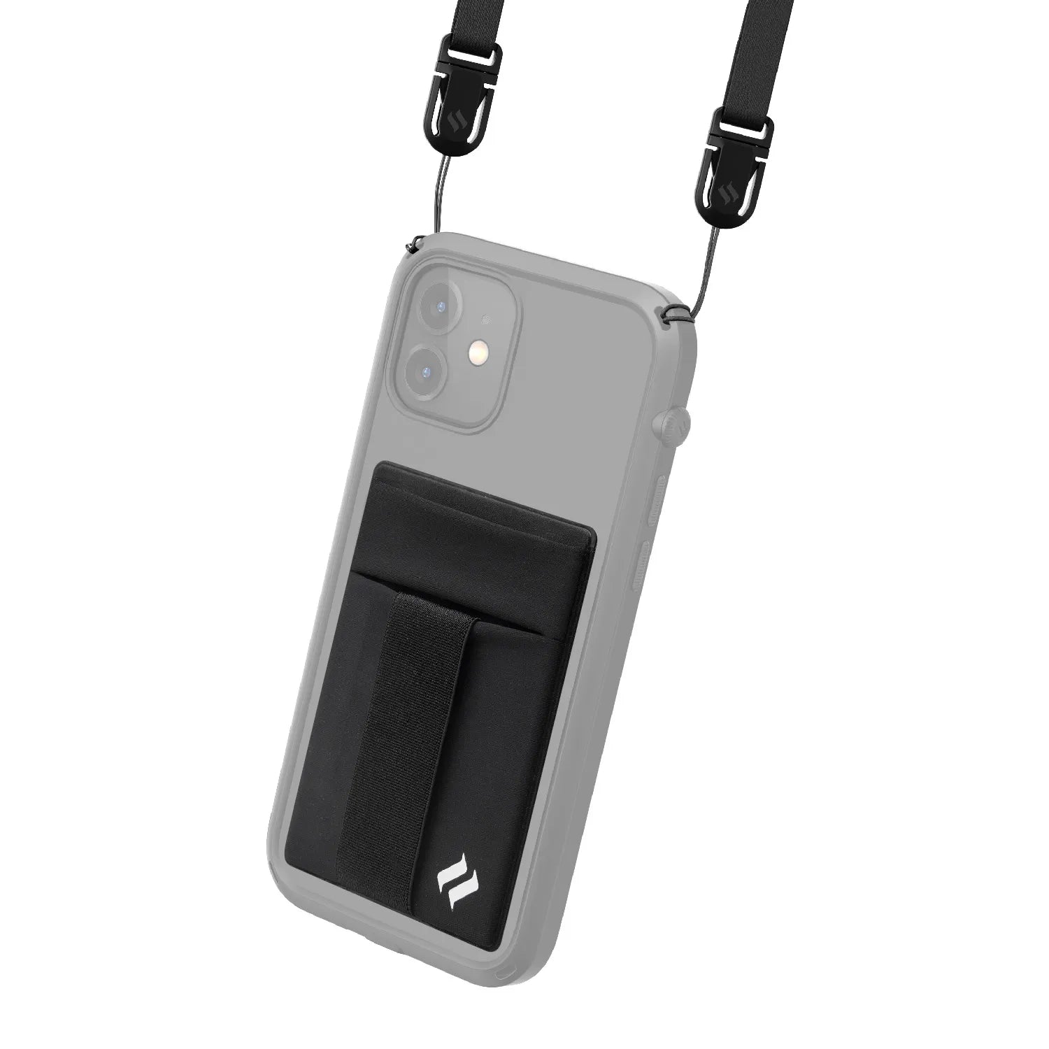 The Catalyst Case US Stick On Wallet & Shoulder Strap Bundle in Stealth Black features a semi-transparent case with an attached black wallet and adjustable strap, secured by metal clasps at the top corners of your smartphone.