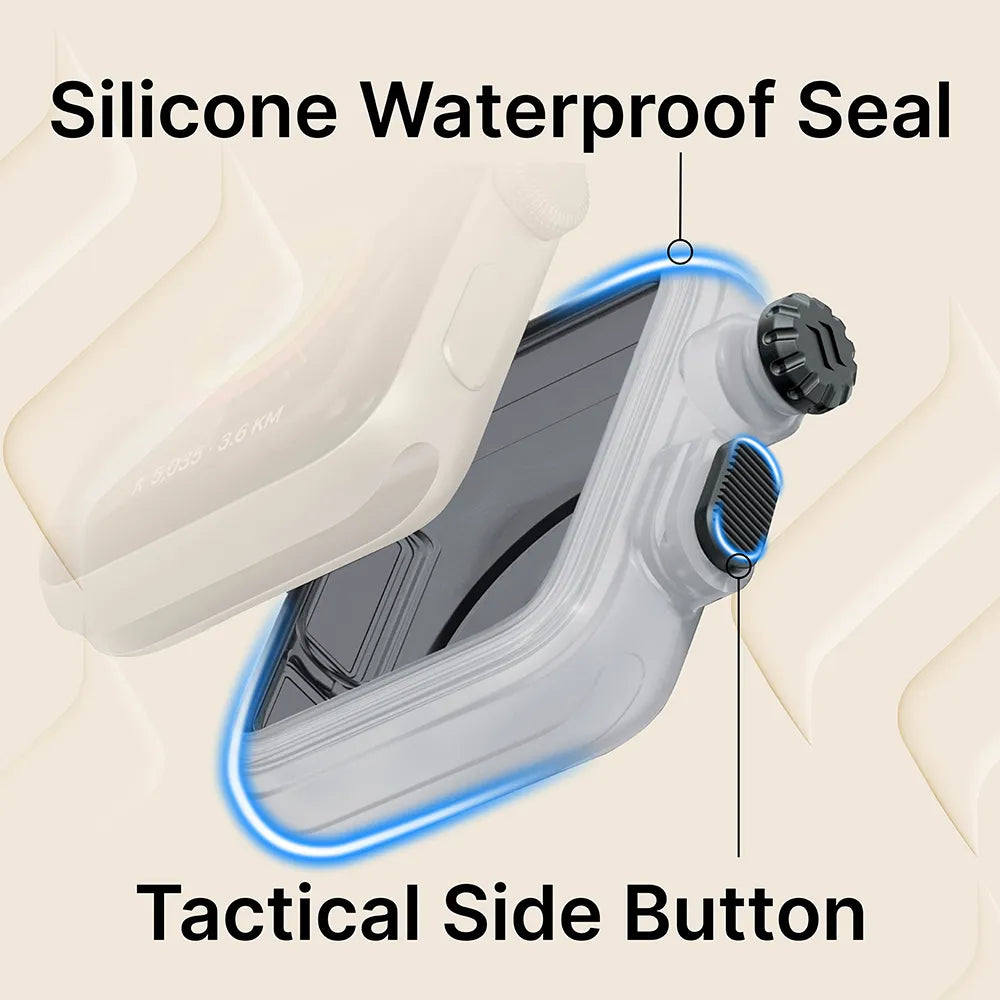 A close-up image of the Catalyst Case US 42mm - 100M Waterproof Case + Band for Apple Watch Series 3/2 shows its transparent design, black knob, and ridged tactical side button. Blue lines highlight the silicone waterproof seal and button areas.