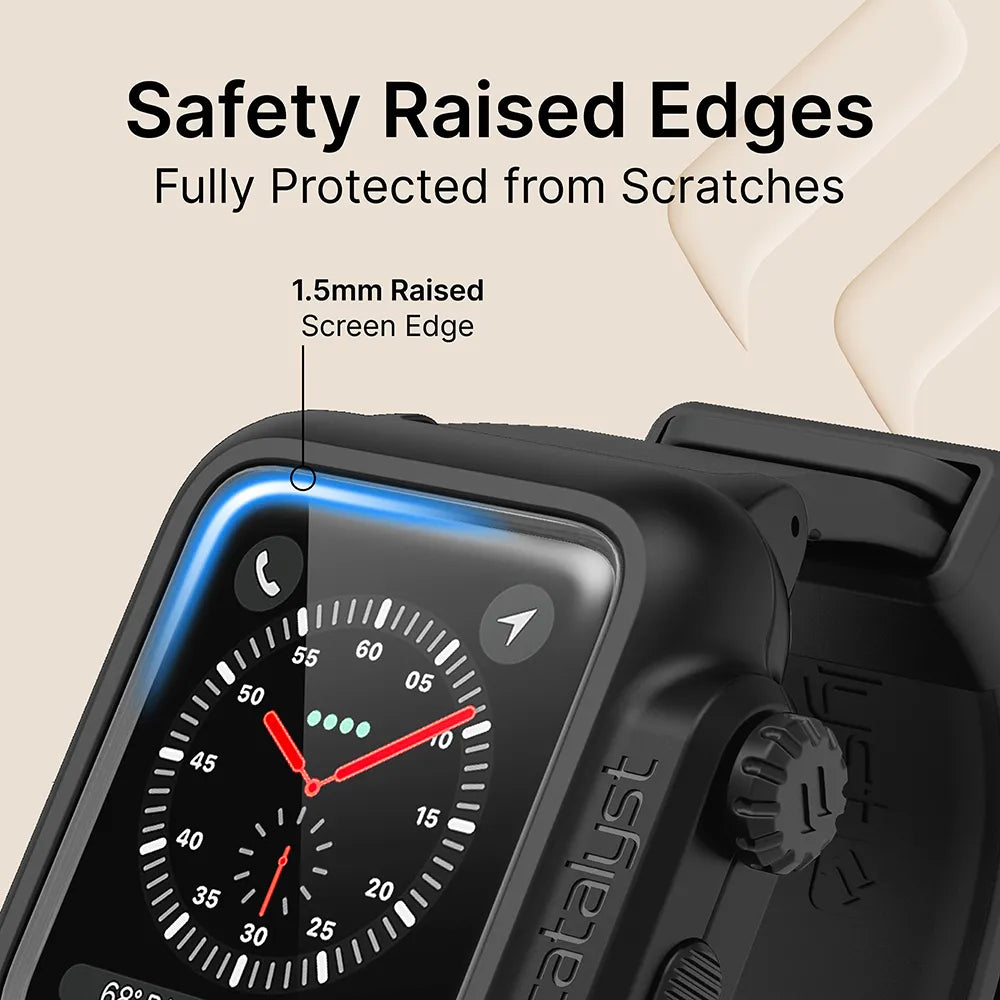 Close-up of Catalyst Case US 42mm - 100M Waterproof Case + Band for Apple Watch Series 3/2. Features a black case with a 1.5mm raised edge for scratch protection. Analog display with red, white, and green hands. "Safety Raised Edges—Fully Protected.