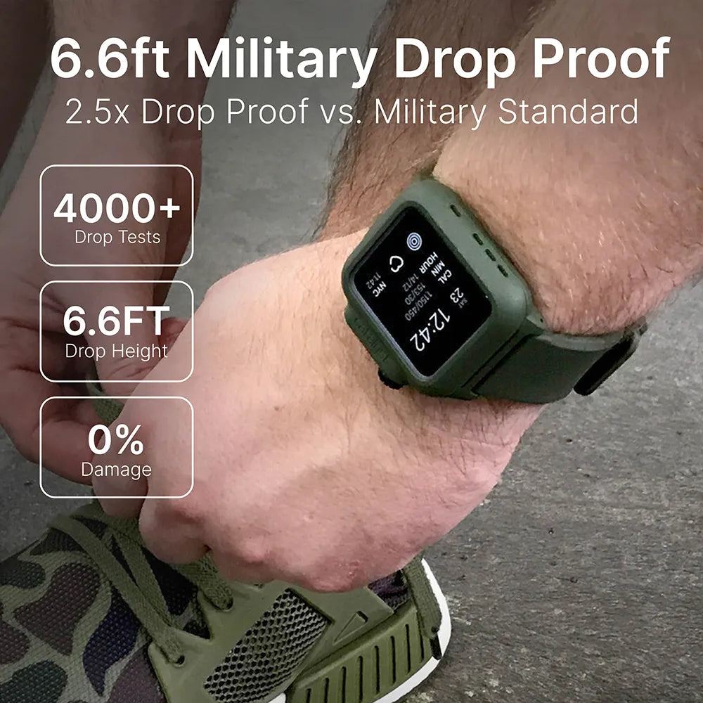 A close-up shows a person tying a shoelace while wearing the Catalyst Case US 42mm - 100M Waterproof Case + Band for Apple Watch Series 3/2. On-screen text reads: “6.6ft Military Drop Proof,” “4000+ Drop Tests,” “6.6FT Drop Height,” and “0% Damage.”.