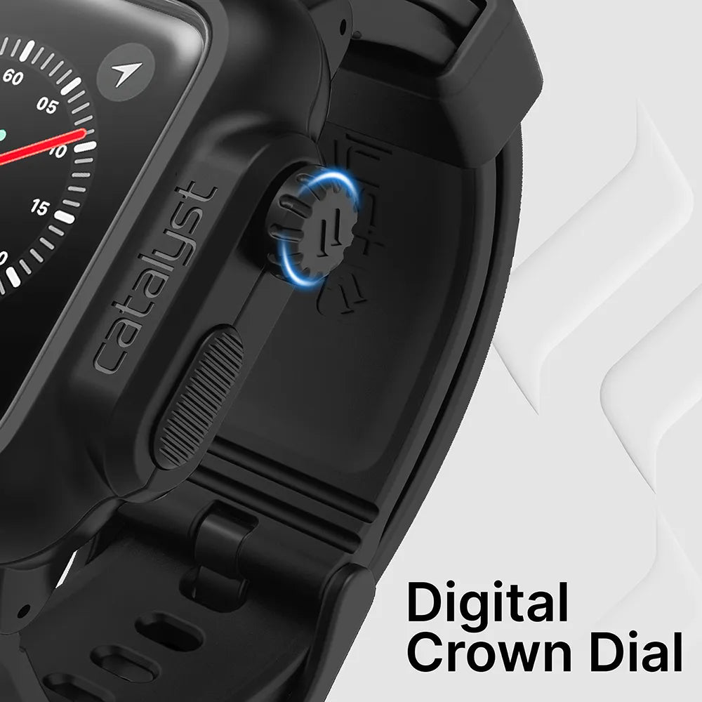 Close-up of a 42mm Catalyst Case US waterproof case and band for Apple Watch Series 3/2 in black, showing the side button labeled "catalyst" and glowing blue digital crown dial. The ventilated strap appears against a patterned white background with “Digital Crown Dial” text.