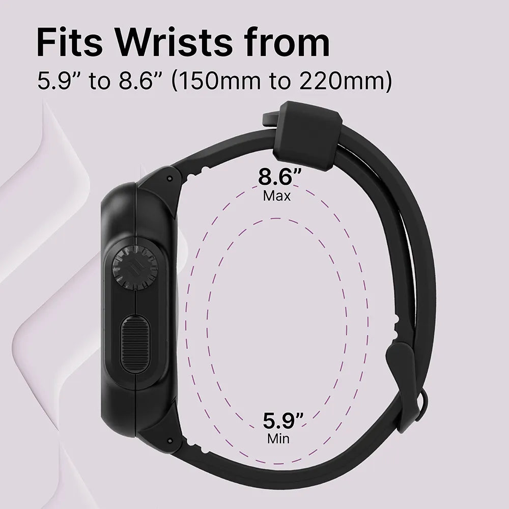 The Catalyst Case US 42mm - 100M Waterproof Case + Band for Apple Watch Series 3/2 in black is shown from the side. Text above reads, "Fits Wrists from 5.9” to 8.6” (150mm to 220mm)." Labels highlight wrist size range on the band.