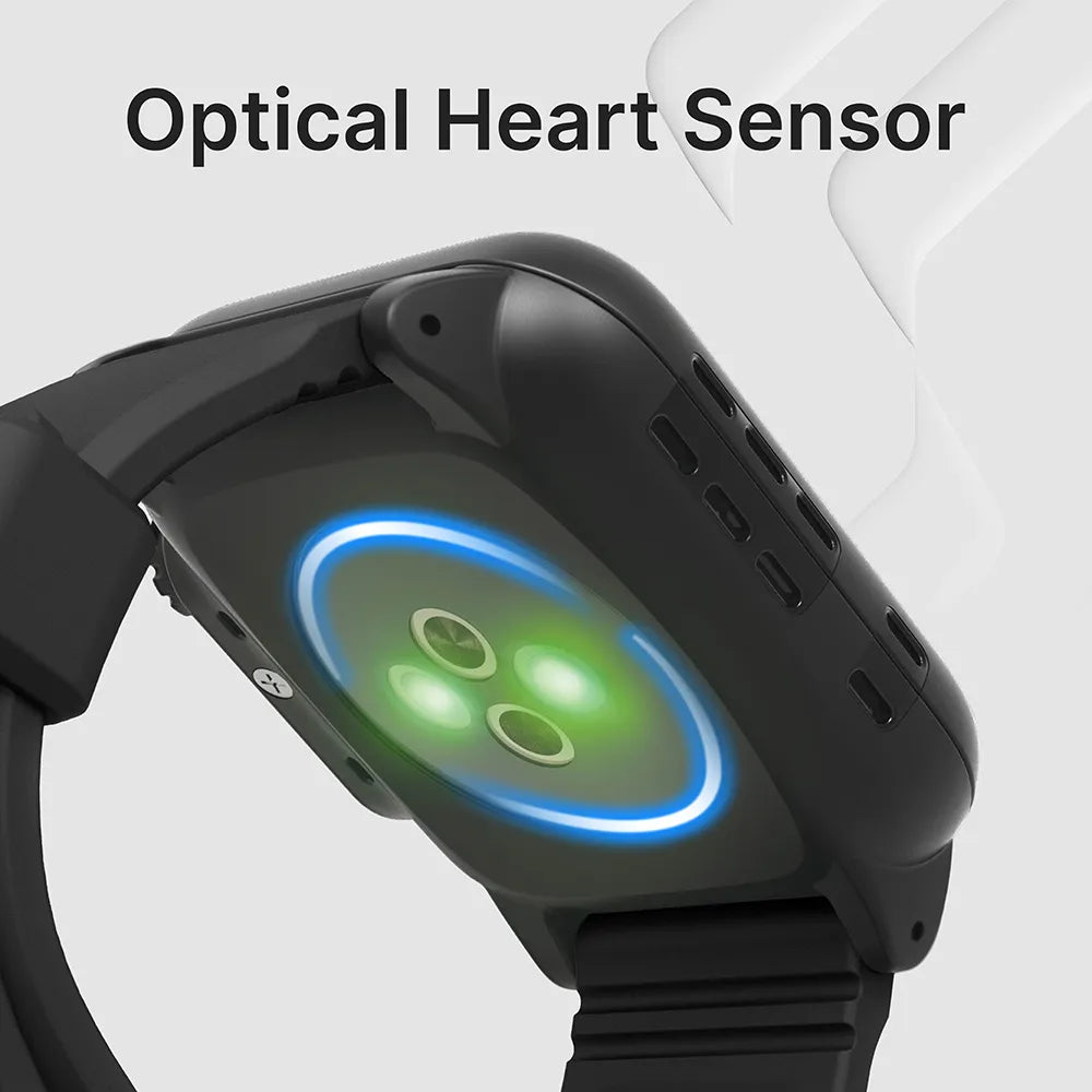 A close-up of the Catalyst Case US 42mm - 100M Waterproof Case + Band for Apple Watch Series 3/2 displays its glowing green and blue optical heart sensor lights, with “Optical Heart Sensor” above on a light background, highlighting the sensor.