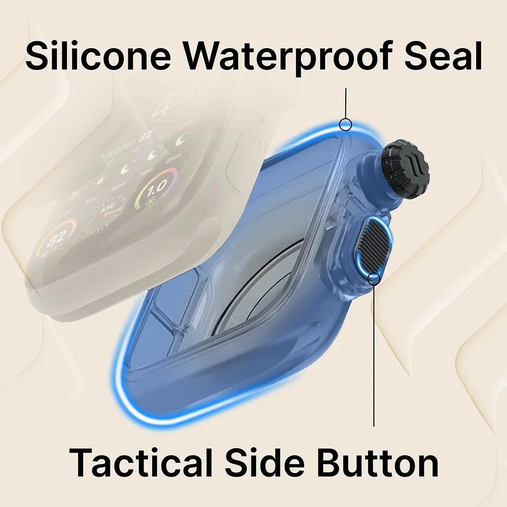 The Catalyst Case US 44mm - 100M Waterproof Case + Band for Apple Watch Series 6/5/4/SE (Gen 2/1) is shown in blue, featuring a black “Tactical Side Button,” highlighted “Silicone Waterproof Seal,” and labeled feature callouts.