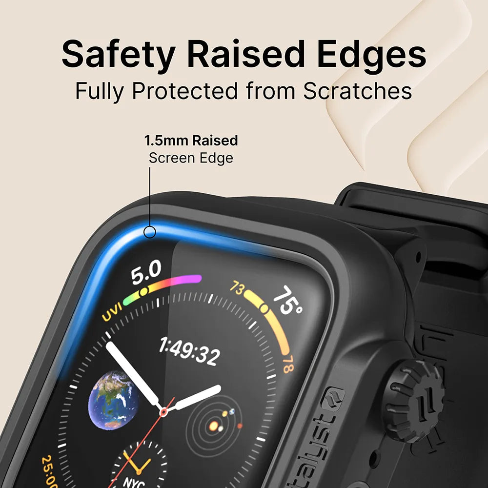 The Catalyst Case US 44mm 100M Waterproof Case + Band for Apple Watch Series 6/5/4/SE (Gen 2/1) is shown with a thick black case, raised edges for safety, and a colorful display, ensuring full screen protection from scratches.