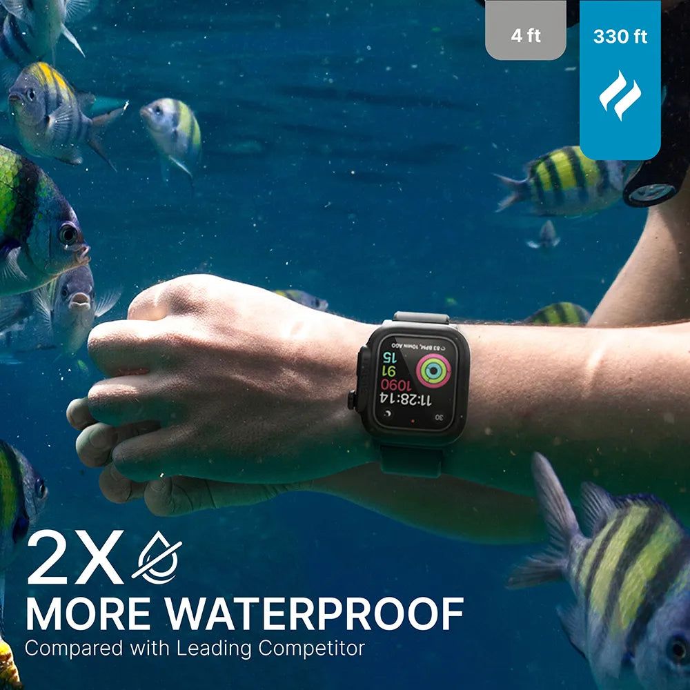 A person's arm with a Catalyst Case US 44mm - 100M Waterproof Case + Band for Apple Watch Series 6/5/4/SE is underwater among tropical fish. Text reads “2X MORE WATERPROOF vs Leading Competitor.” Boxes show “4 ft” vs “330 ft.” Display visible.