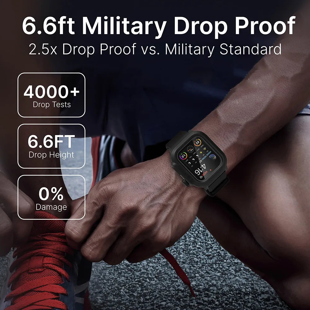 A person ties red sneakers, wearing the Catalyst Case US 44mm - 100M Waterproof Case + Band for Apple Watch Series 6/5/4/SE (Gen 2/1). Overlay: “6.6ft Military Drop Proof—2.5x more than standard, 4000+ drop tests, zero damage.”.