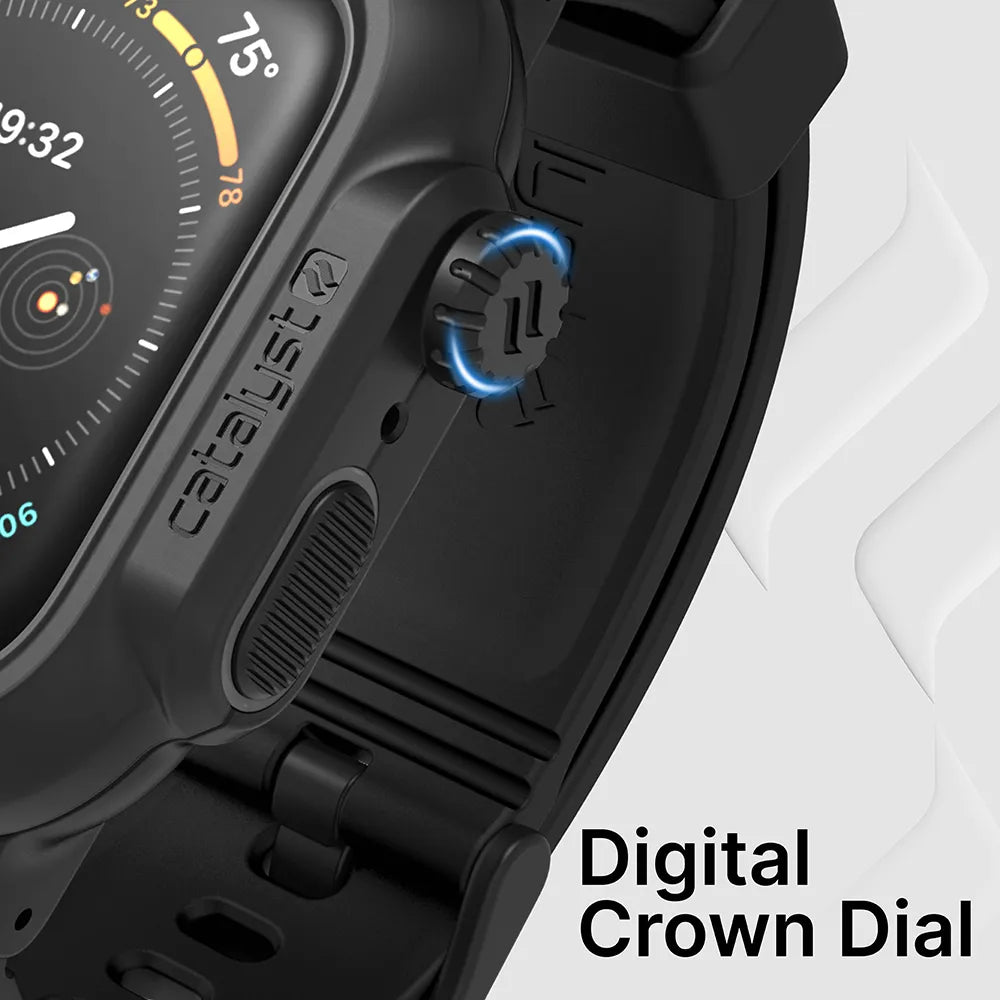 Close-up of a 44mm Apple Watch Series 6/5/4/SE (Gen 2/1) in a rugged black Catalyst Case US 100M Waterproof Case + Band, highlighting the blue-lit digital crown dial, activity rings, time, and temperature. "Digital Crown Dial" appears bottom right.