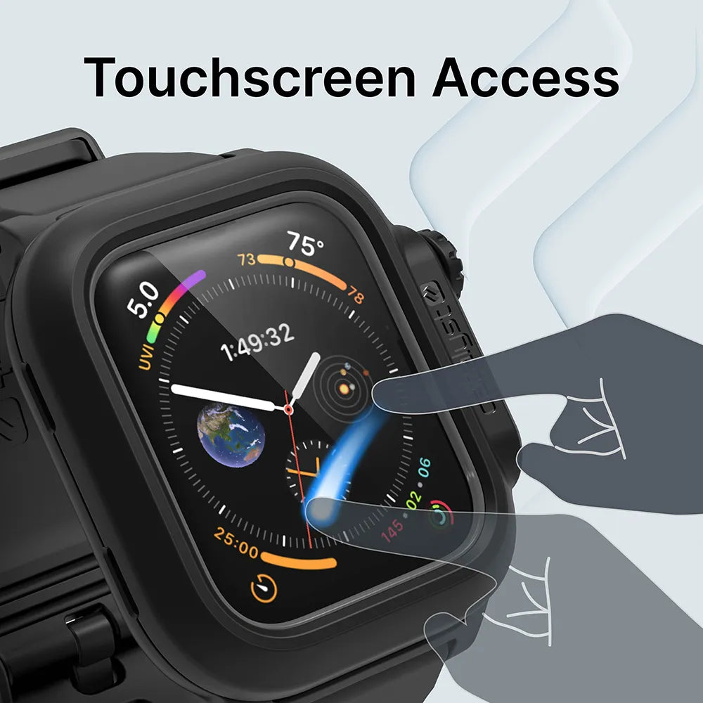 A close-up shows the Catalyst Case US 44mm - 100M Waterproof Case + Band for Apple Watch Series 6/5/4/SE (Gen 2/1) with a vibrant display. Two illustrated hands demonstrate touchscreen access under the text “Touchscreen Access” on a light gray background.