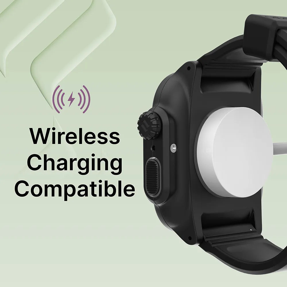 A 44mm Catalyst Case US Waterproof Case + Band for Apple Watch Series 6/5/4/SE is shown on a wireless charging pad. "Wireless Charging Compatible" with an icon appears on the light green background with abstract shapes.