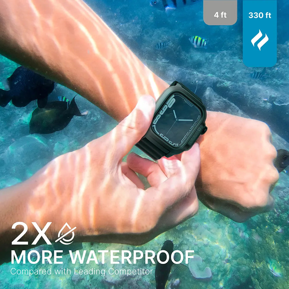 A swimmer adjusts a black Catalyst Case US 45mm - 330ft Waterproof Case + Band for Apple Watch Series 9/8/7 as vibrant fish pass in clear water. Sunlight dances while text reads “2X MORE WATERPROOF,†“4 ft vs 330 ft,†“Compared with Leading Competitor.â€ÂÂ.
