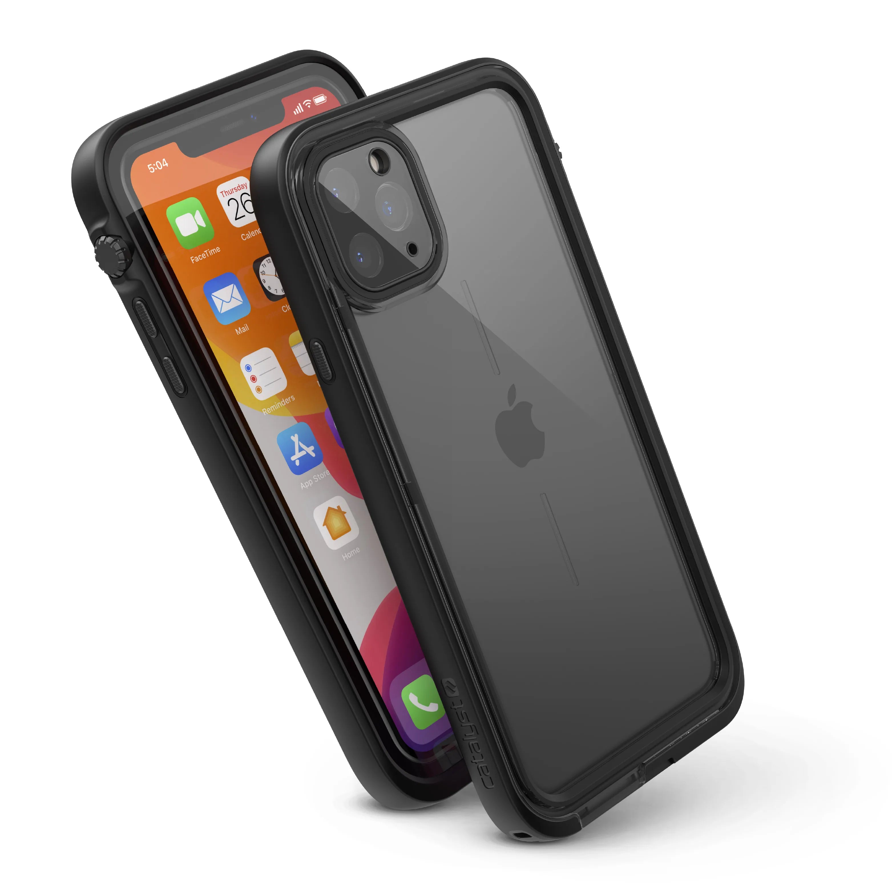 Two iPhone 11 Pro Max phones in Catalyst Case US waterproof cases, Stealth Black. The front phone shows its app-filled screen; the rear displays the Apple logo and triple cameras. Both stand upright, emphasizing case durability and design.