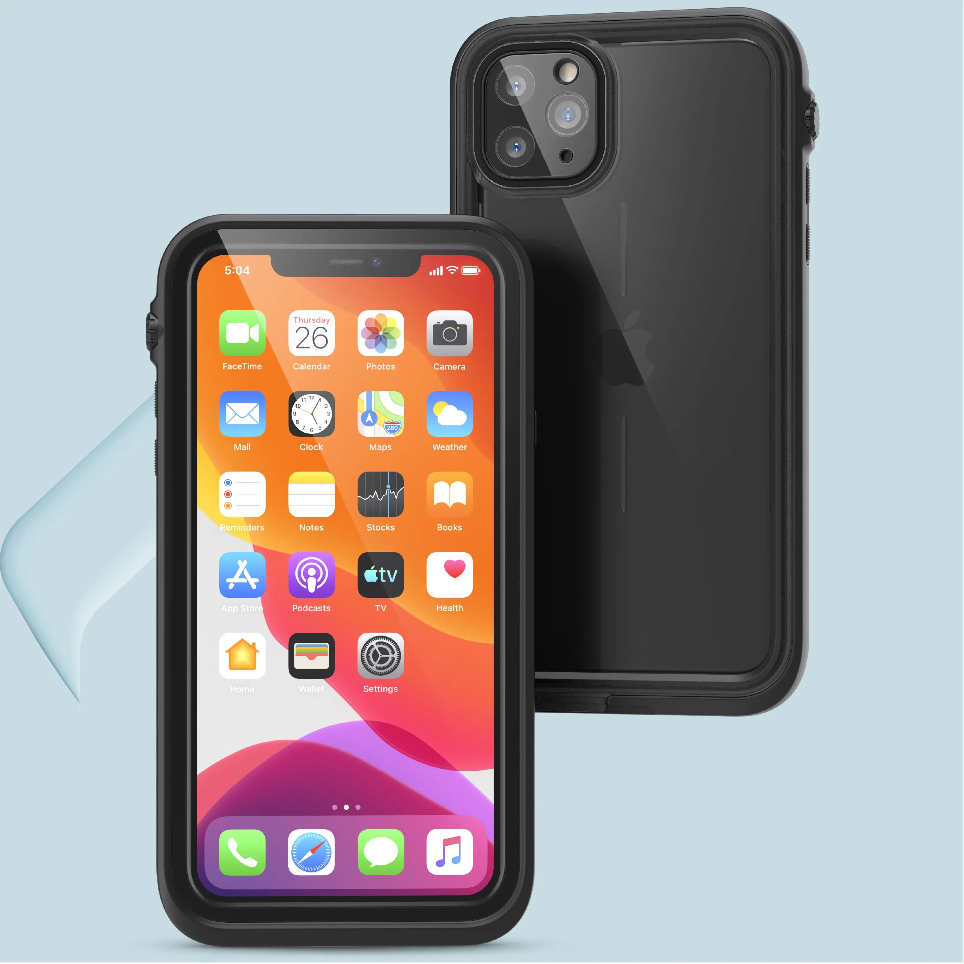 Two iPhone 11 Pro Max devices in black Catalyst Case US waterproof cases; one shows the home screen, the other displays the back camera lenses. A transparent screen protector is partially visible beside the front-facing phone.