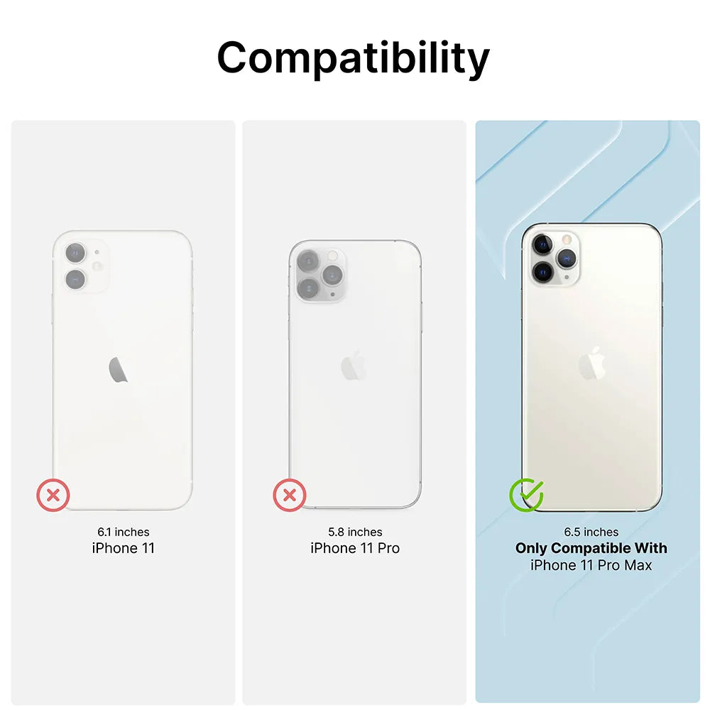 Under "Compatibility," the iPhone 11 (6.1") and iPhone 11 Pro (5.8") have red Xs, while only iPhone 11 Pro Max (6.5") has a green checkmark, showing this Catalyst Case US Waterproof Case fits only iPhone 11 Pro Max.