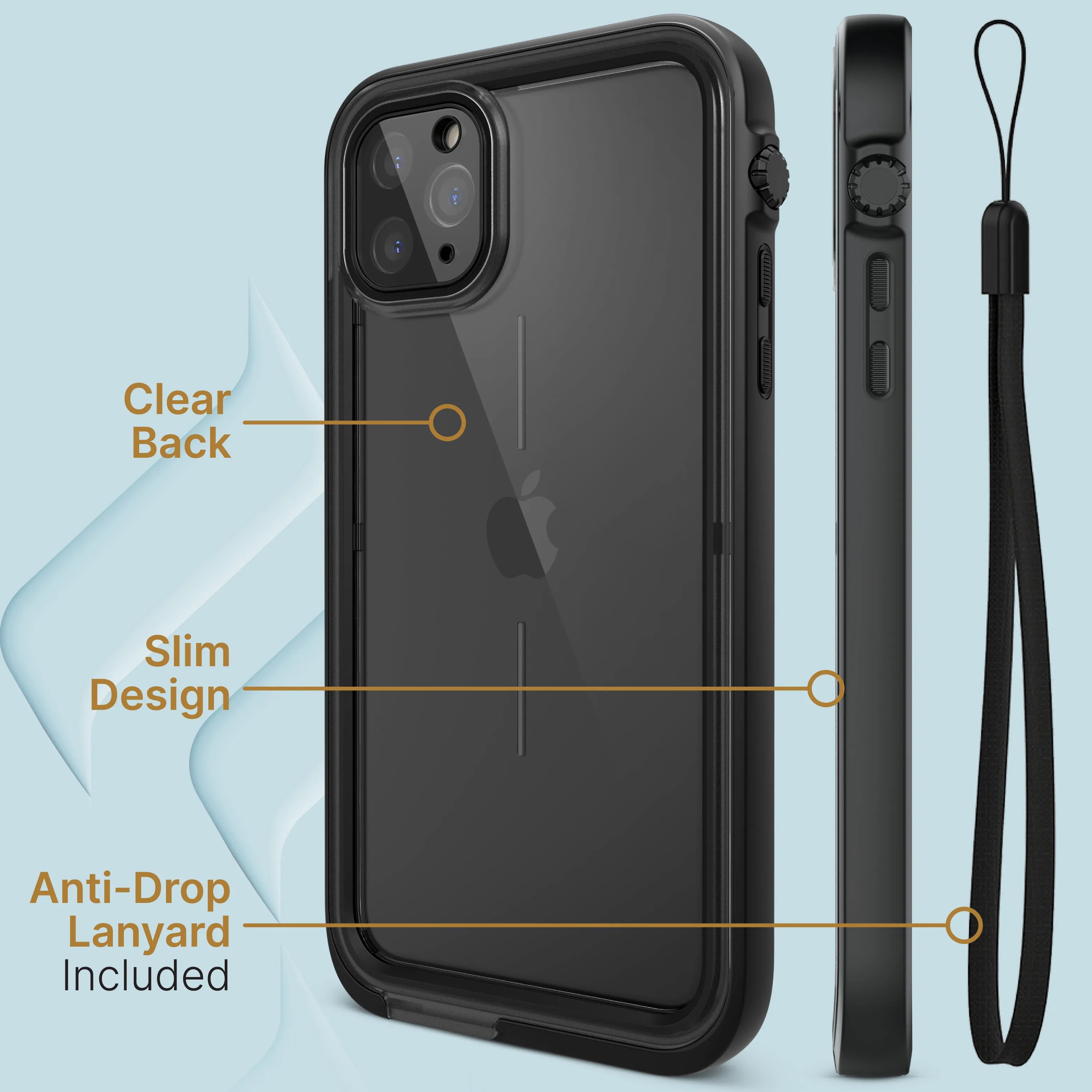 The Catalyst Case US iPhone 11 Pro Max Waterproof Case is shown from the back and side, highlighting its clear back, slim design, and anti-drop lanyard. The light blue background features abstract shapes.