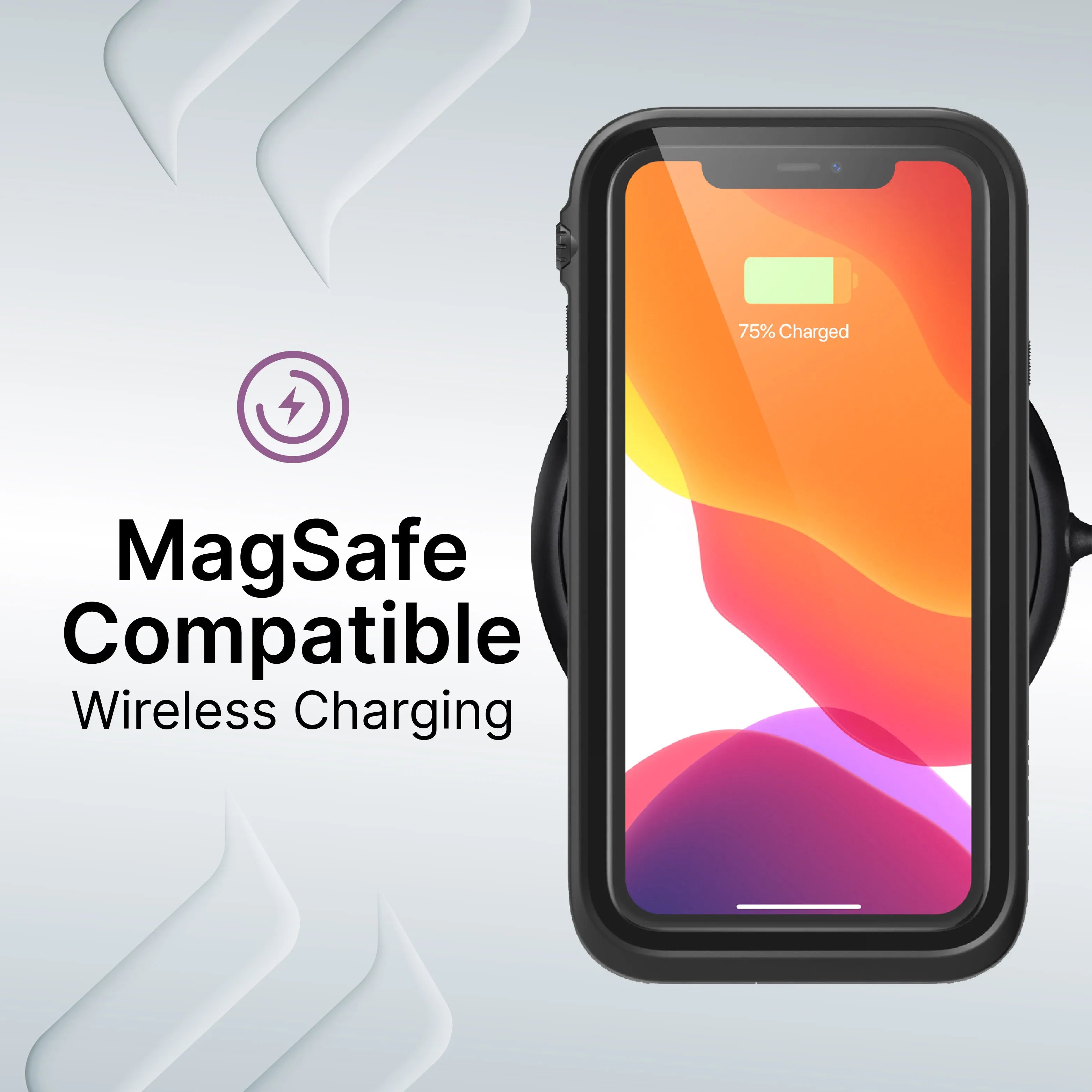 An iPhone 11 Pro Max in a Catalyst Case US waterproof case is mounted on a MagSafe-compatible wireless charger. The screen shows "75% Charged." On the left, text reads "MagSafe Compatible Wireless Charging" with a charger icon above it.