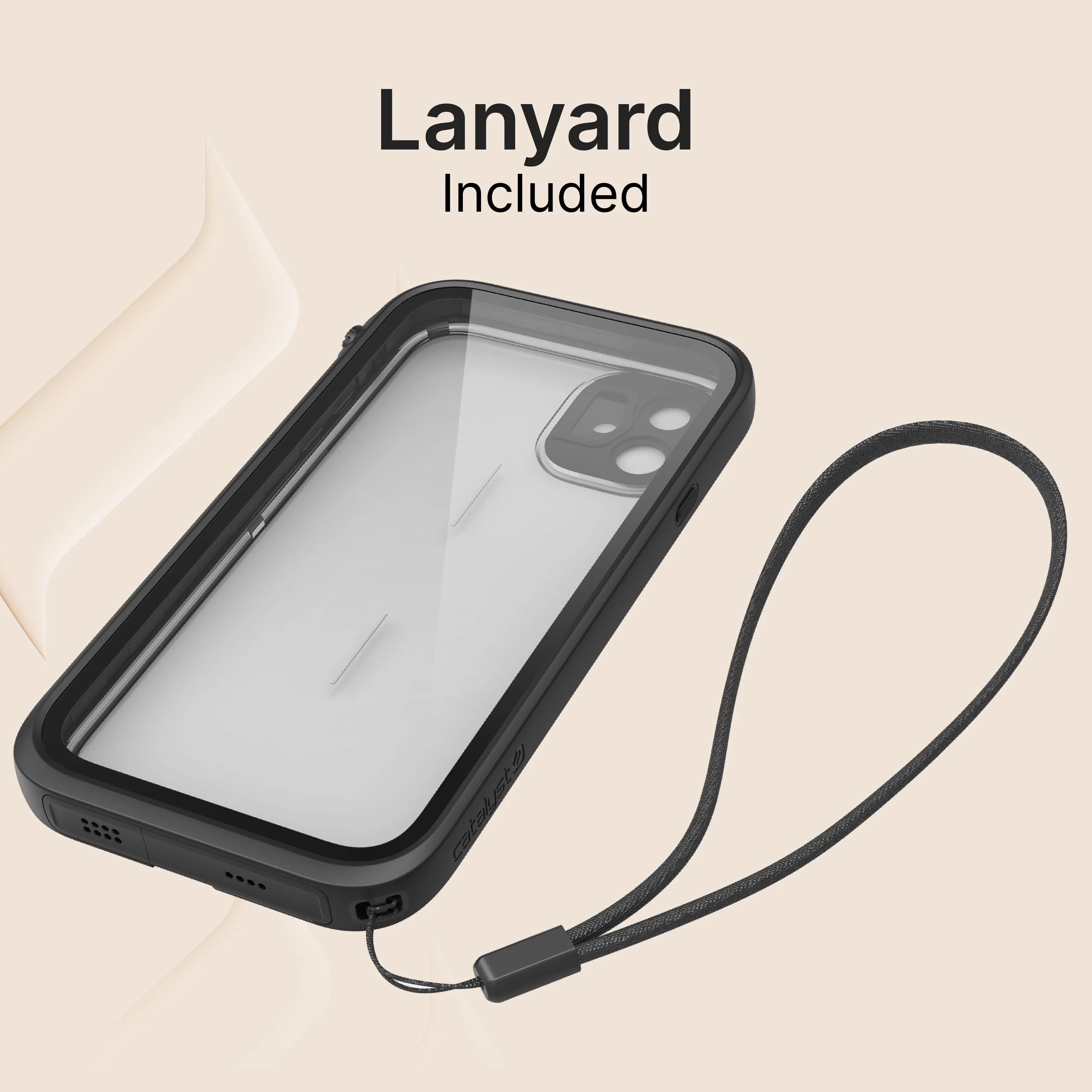 The Catalyst Case US iPhone 11 Pro Max Waterproof Case in black, featuring a clear back and attached lanyard, is shown with camera and port openings. Above, bold "Lanyard Included" text appears on a light beige background.