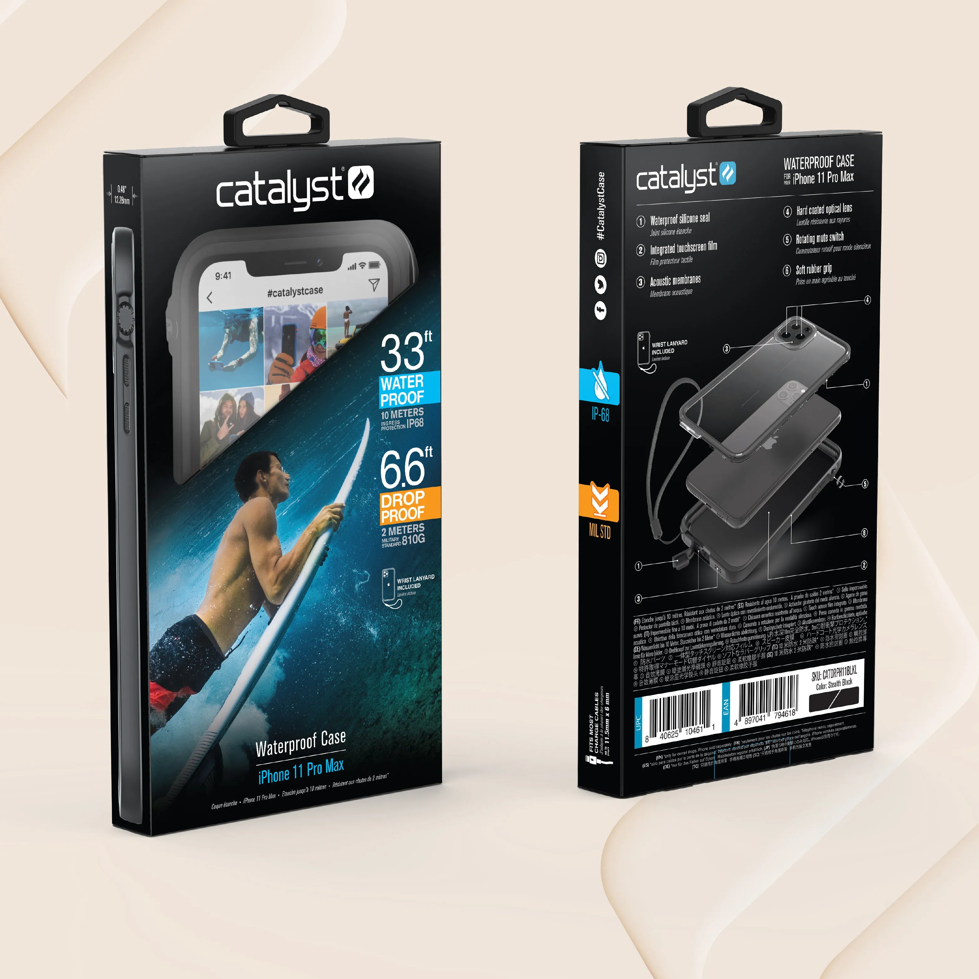 The image shows the front and back packaging of the Catalyst Case US iPhone 11 Pro Max Waterproof Case. The front highlights a surfing man and key features, while the back presents product details, icons, and a case component diagram.