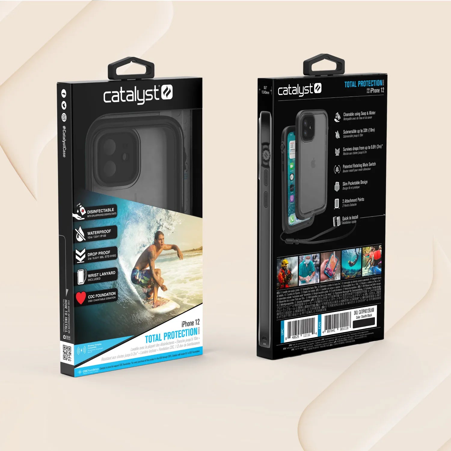 Two Catalyst Case US iPhone 12 - Waterproof Case, Total Protection packages are shown: the front shows the case, brand name, protection icons, and a surfer photo; the back lists features, lifestyle photos, text, barcodes, and part of a phone in the case.