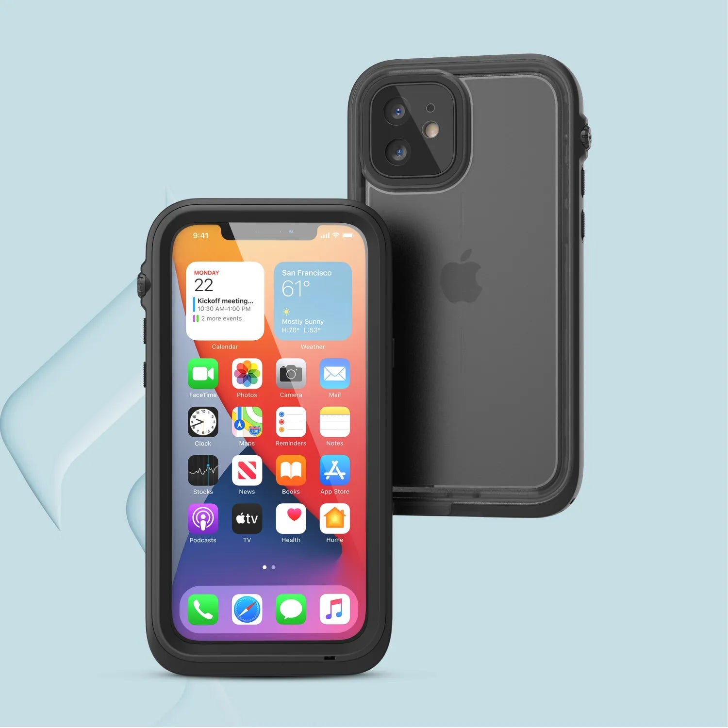 Two iPhone 12 devices in Catalyst Case US black Waterproof Cases—one with the home screen visible, the other showing the case’s back—are displayed. A screen protector floats nearby on a light blue background.