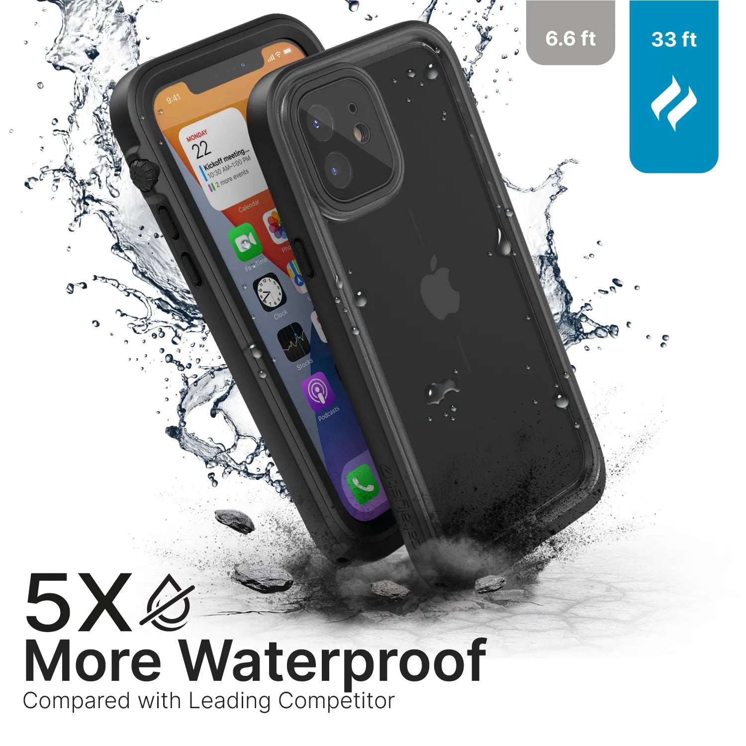 Two iPhone 12 devices in Catalyst Case US Total Protection rugged black waterproof cases are shown with water splashing. One displays the home screen, the other its back. Text: "5X More Waterproof vs Leading Competitor," with "6.6 ft" and "33 ft" resistance highlighted.
