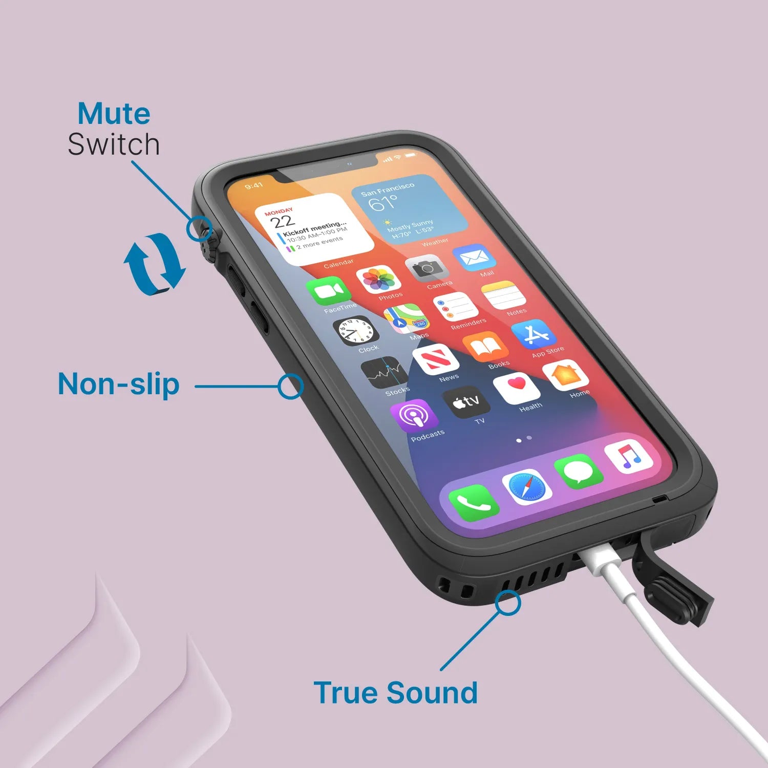 An iPhone 12 with a Catalyst Case US waterproof, total protection case in rugged black displays its home screen. Blue labels highlight the mute switch, non-slip edge, and charging cable by a "True Sound" vent on a light purple background.
