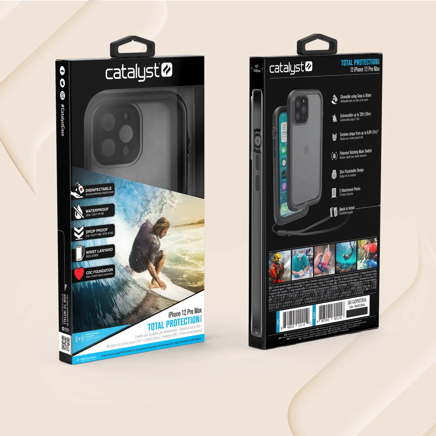Front and back of Catalyst Case US iPhone 12 Pro - Waterproof Case, Total Protection packaging. The front shows the case via a clear window, a surfer action photo, and icons for shock, drop, and water protection; the back lists features and use images.