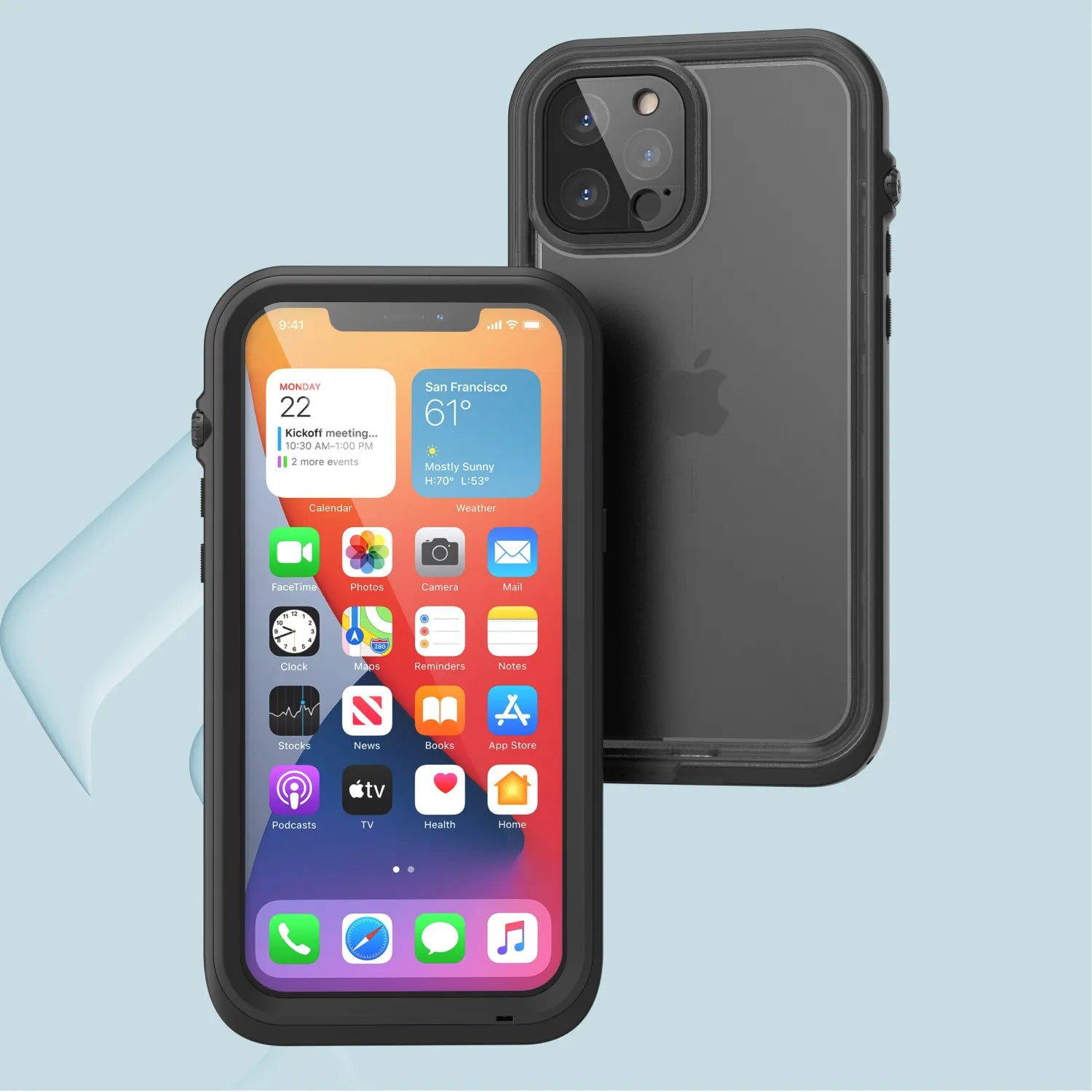 Two black iPhone 12 Pro phones in Catalyst Case US Waterproof Cases are shown. One displays the home screen with colorful apps and a San Francisco weather widget; the other shows the triple-lens camera and Apple logo.
