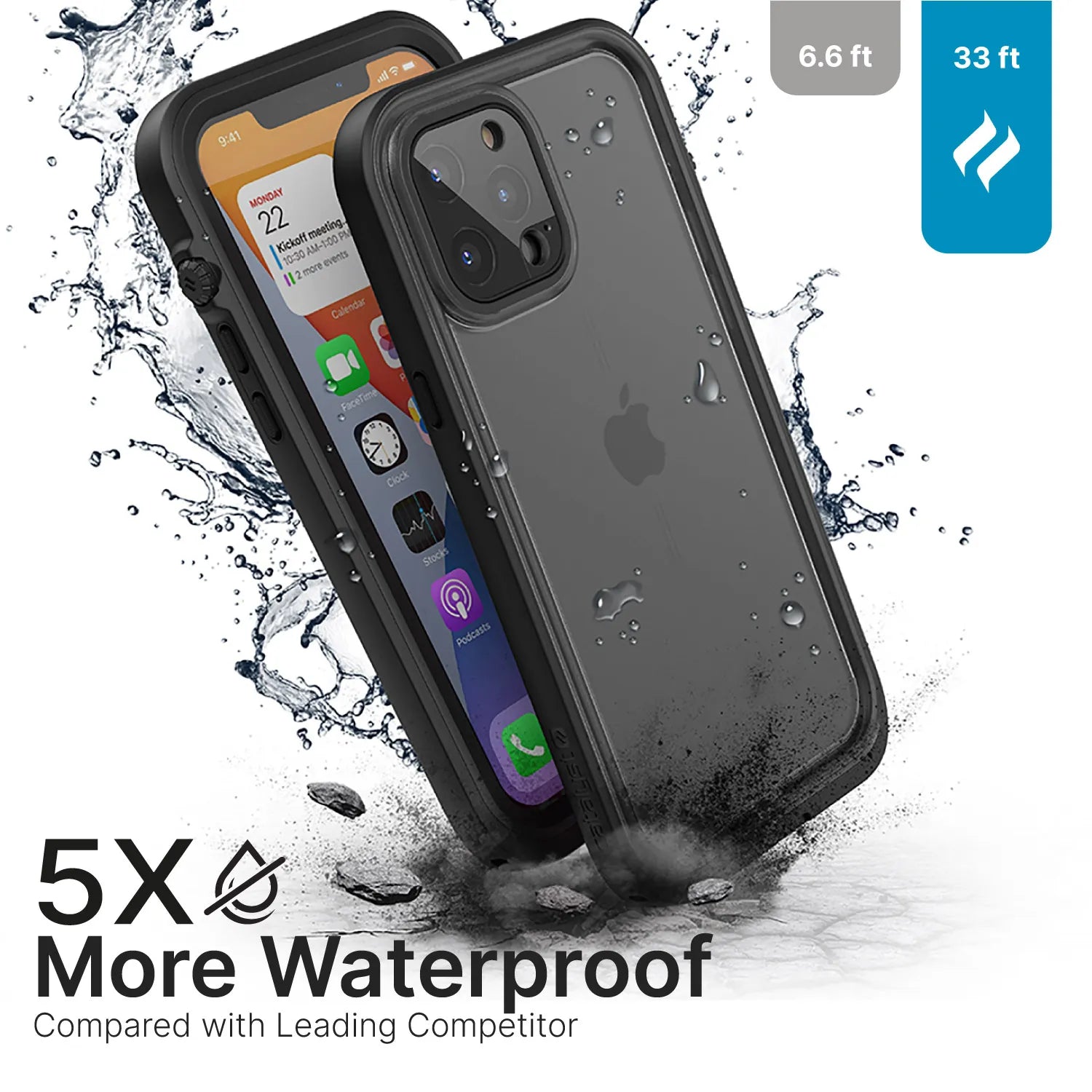 The Catalyst Case US iPhone 12 Pro - Waterproof Case, Total Protection shields your phone with 5X more waterproofing than competitors—water resistance icons display depths of 6.6 ft and 33 ft on an iPhone’s home screen covered by a black case with water droplets and splashes.