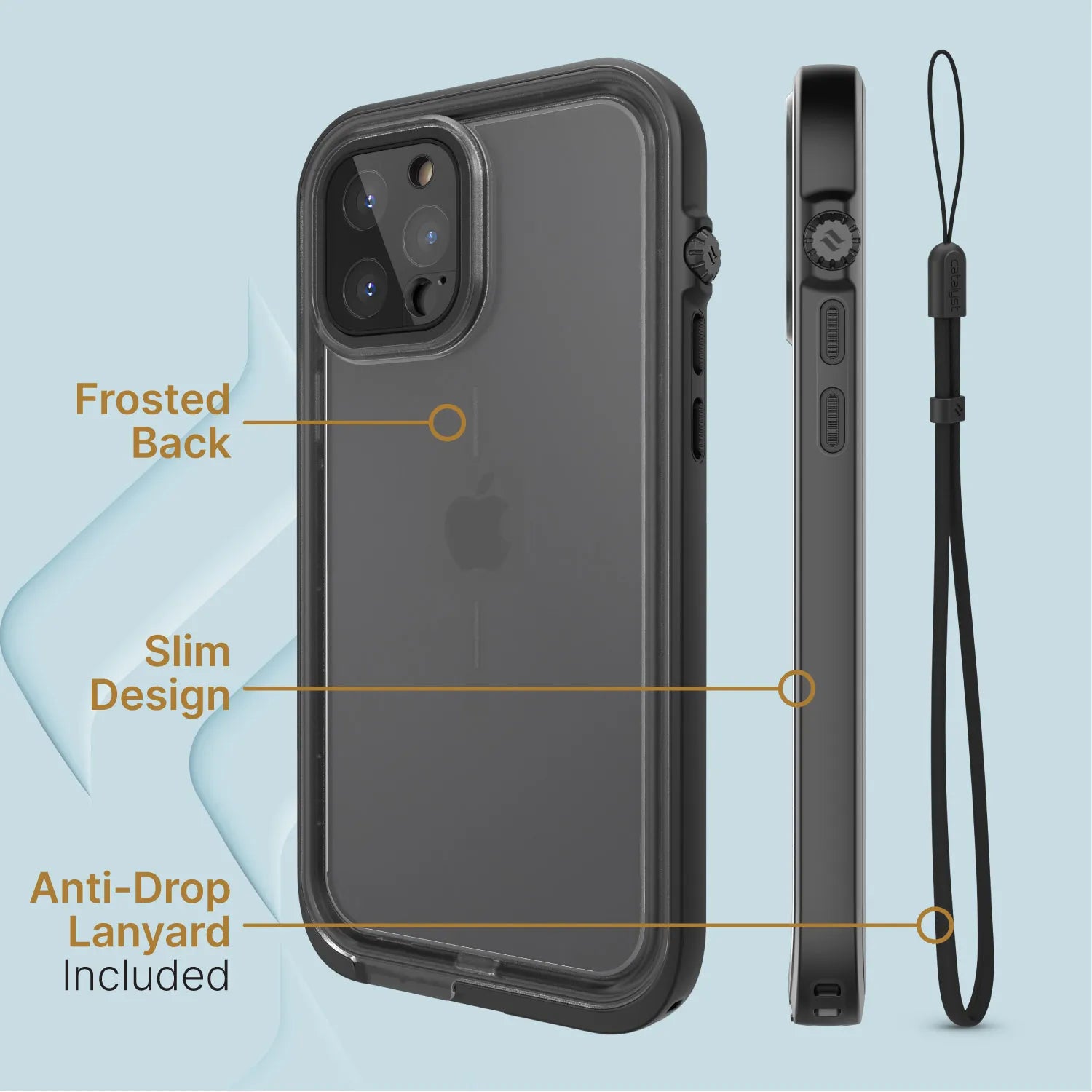 The Catalyst Case US iPhone 12 Pro Waterproof Case is shown from the back and side, with an anti-drop lanyard. Labels highlight its frosted back, slim design, total protection, and included lanyard on a light blue background.