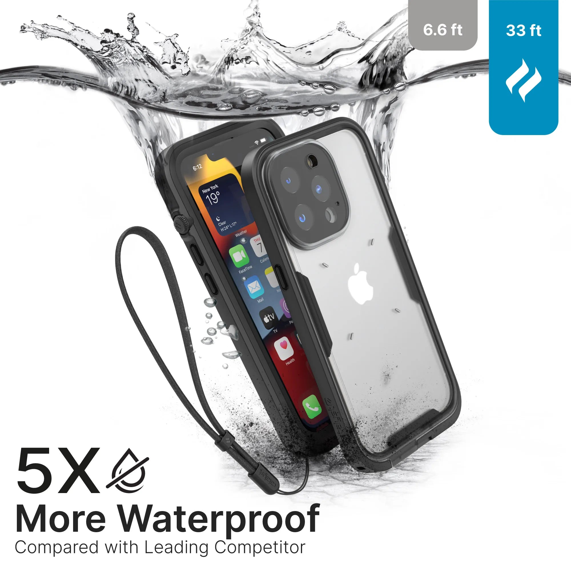 The Catalyst Case US iPhone 13 Pro Max – Waterproof Case, Total Protection is shown underwater in a clear case with black edges. Screen displays app icons. Text: "5X More Waterproof vs Leading Competitor." Water resistance: 33 ft vs 6.6 ft.