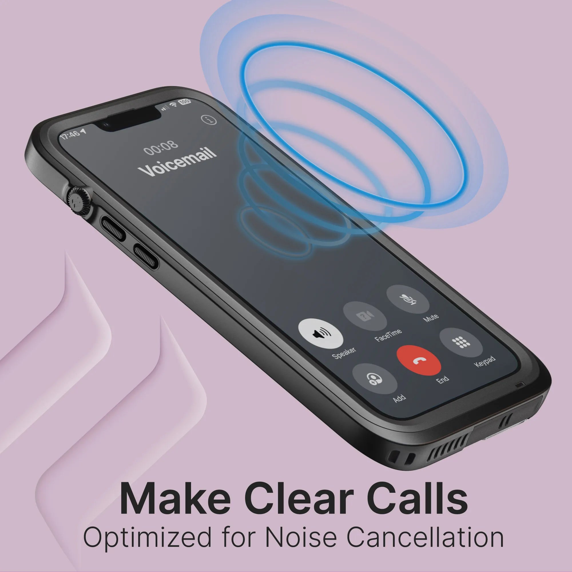 An iPhone 13 Pro Max in a Catalyst Case US waterproof case shows a "Voicemail" call screen above a purple background with blue sound waves, highlighting noise cancellation. Text: "Make Clear Calls - Optimized for Noise Cancellation.