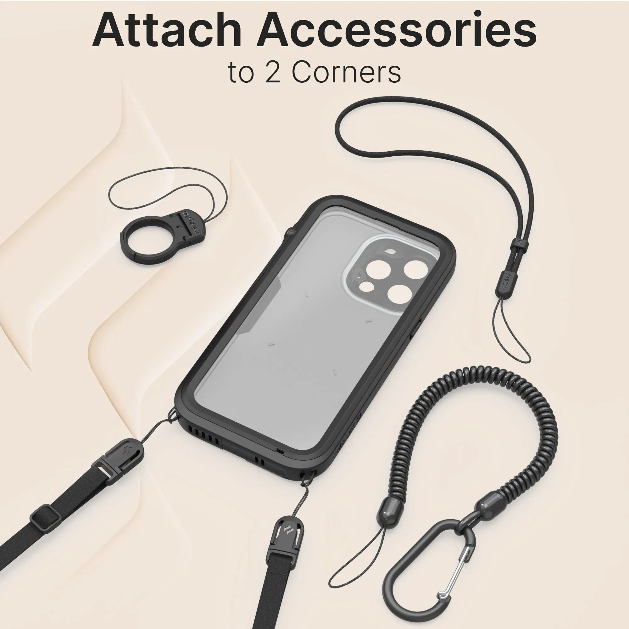 The Catalyst Case US iPhone 13 Pro Max Waterproof Case is shown in black with two bottom attachment points and accessories: ring, coiled strap, carabiner clip, wrist strap, and lanyard. Text: “Attach Accessories to 2 Corners” on beige background.