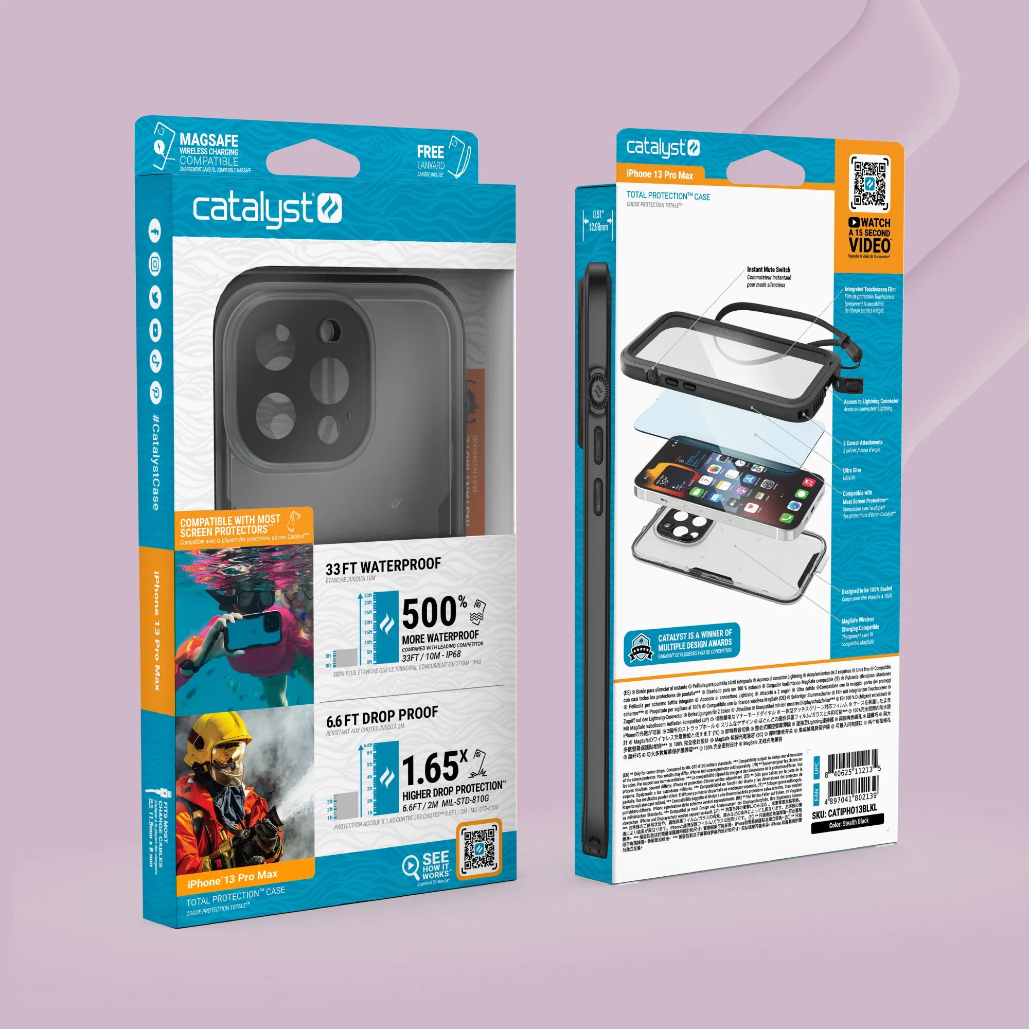 The Catalyst Case US iPhone 13 Pro Max Waterproof Case packaging front features waterproof and drop-proof highlights with diver and phone images; the back displays parts, installation steps, and product info on a purple background.