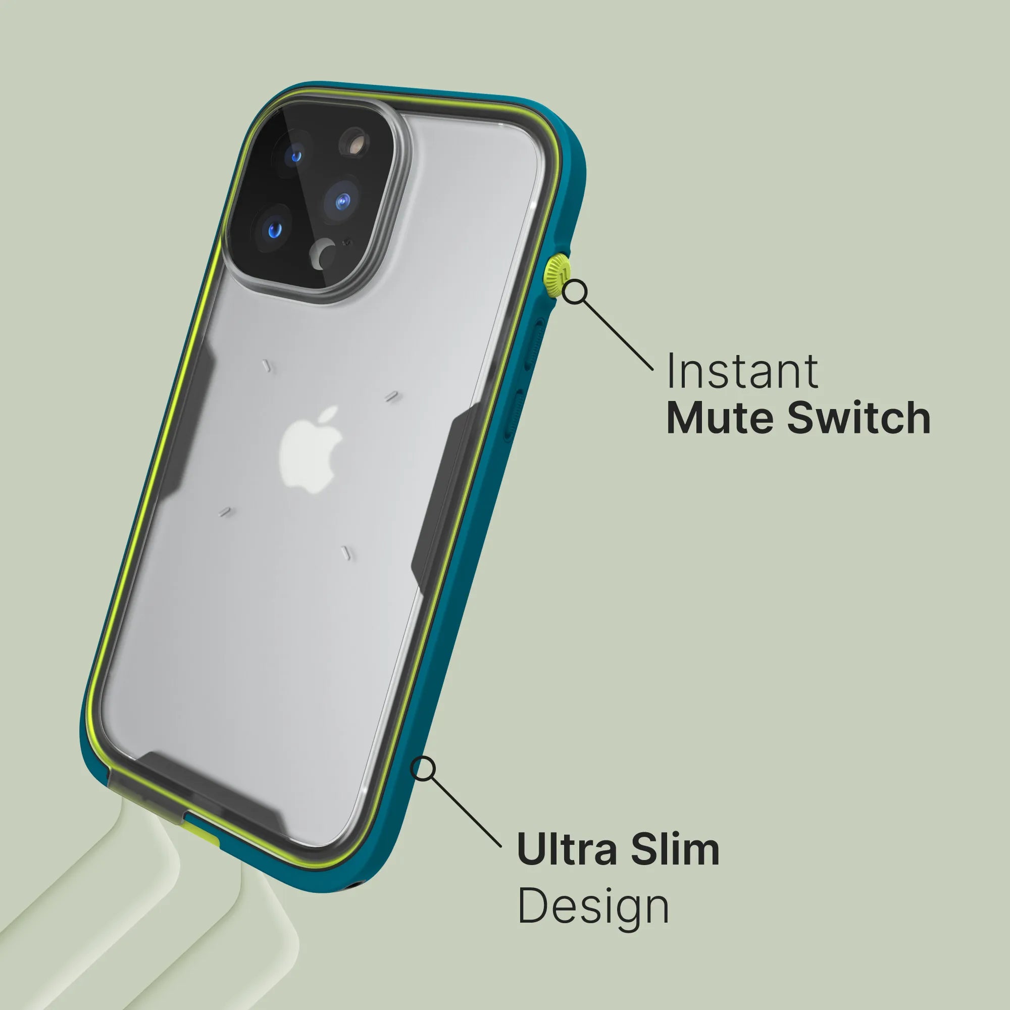 A Catalyst Case US Waterproof Case for iPhone 13 Pro Max in clear blue with lime-green accents is displayed, featuring an “Instant Mute Switch” and “Ultra Slim Design.” The Apple logo is visible through the thin, protective case.