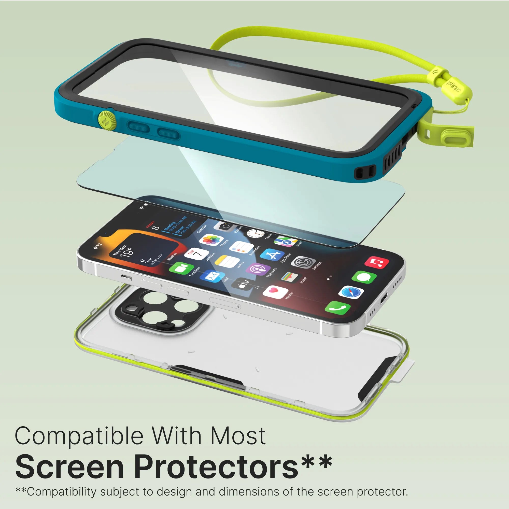 Exploded view of Catalyst Case US iPhone 13 Pro Max Waterproof Case, showing the phone, screen protector, and blue-green front and back covers with wrist strap. Text: "Compatible With Most Screen Protectors**" plus compatibility disclaimer.