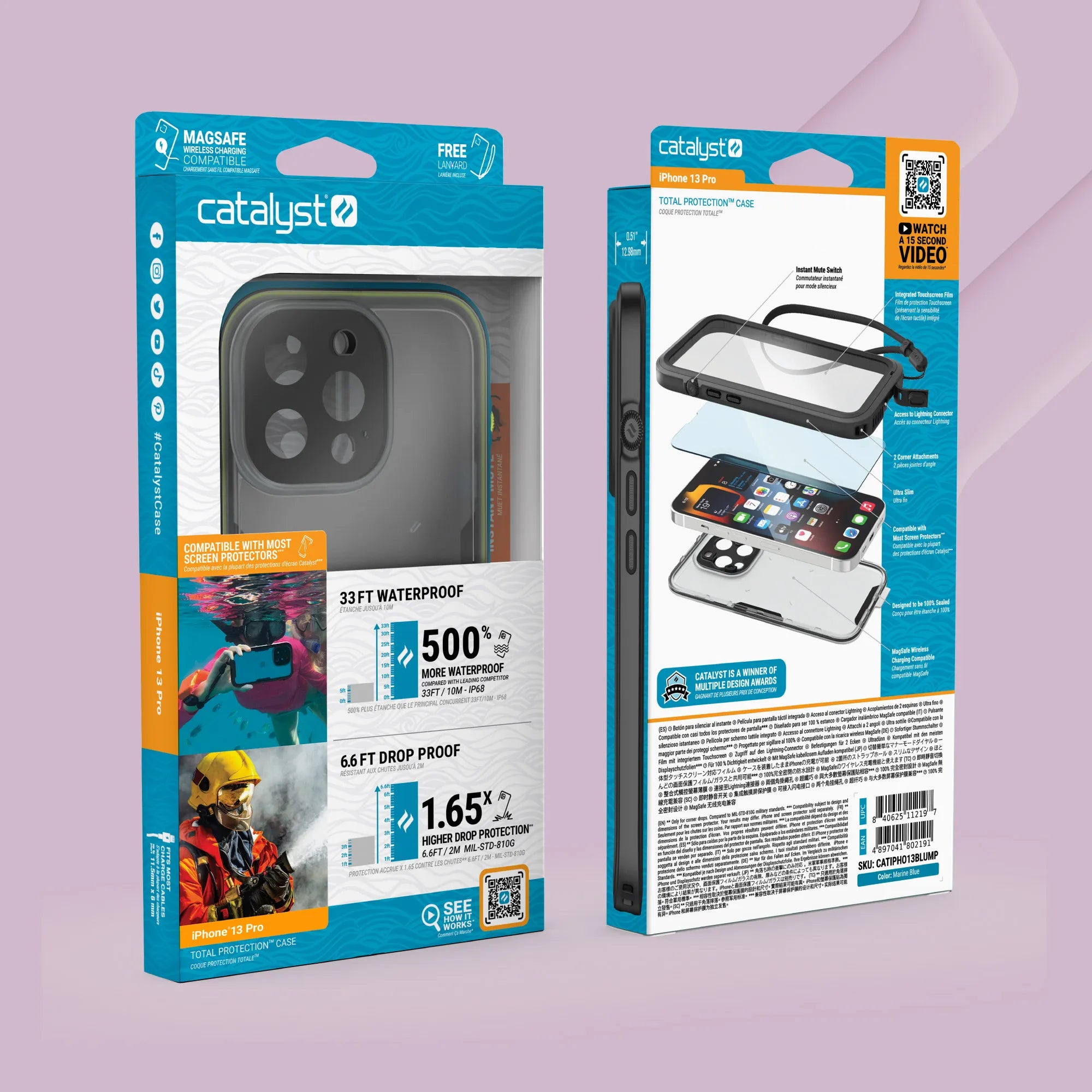 Two blue Catalyst Case US iPhone 13 Pro - Waterproof Case, Total Protection boxes on a purple background. The front displays the case, waterproof (33ft), drop proof (6.6ft) features and adventure images; the back shows installation steps and specs.