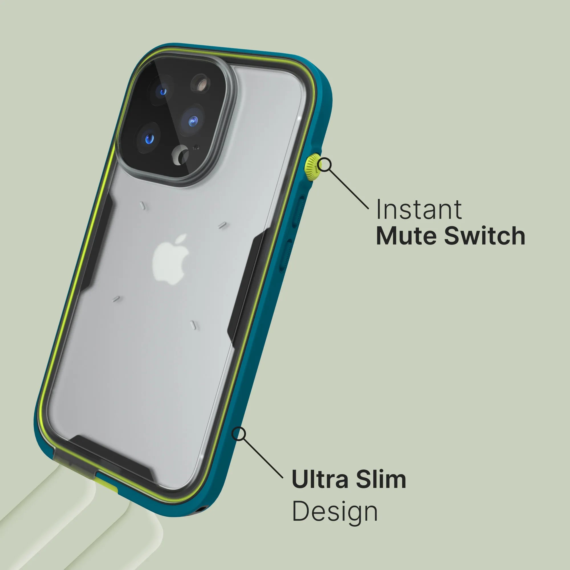 The Catalyst Case US Waterproof Case for iPhone 13 Pro is shown in blue and neon green, highlighting its instant mute switch, ultra slim design, and a transparent back that reveals the Apple logo.